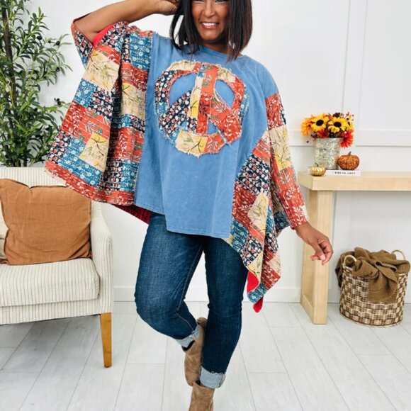 BLUE VELVET PATCHWORK PEACE SIGN PONCHO TOP NWT - Picture 2 of 9